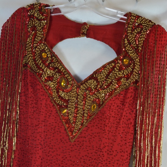 100% Silk Beaded/Sequins Red Long Sleeve Dress SZ 6 - Picture 3 of 5
